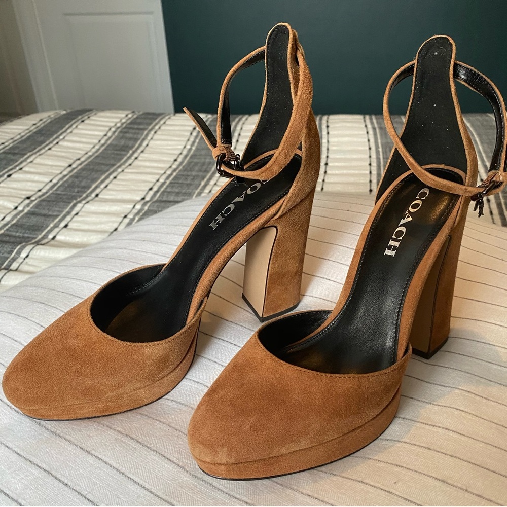 Coach Chrystie Platform Heel, Tan Brown Suede Ankle strap